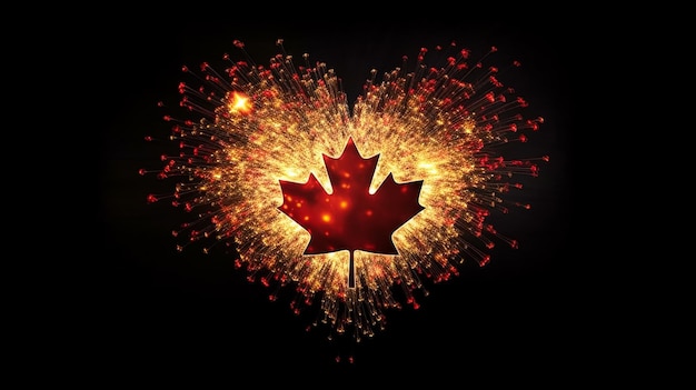 A canadian maple leaf with fireworks in the background