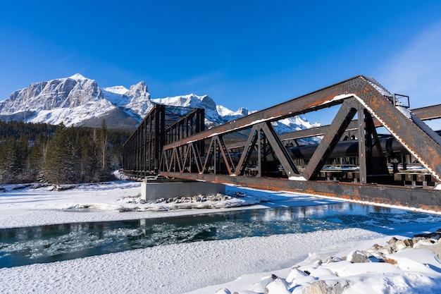 Canadian Rockies scenery in winter Snowcapped mountain range reflection on Bow River Canmore AB