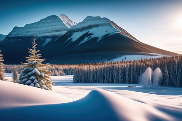 A Canadian snowy landscape with a mountain in the background