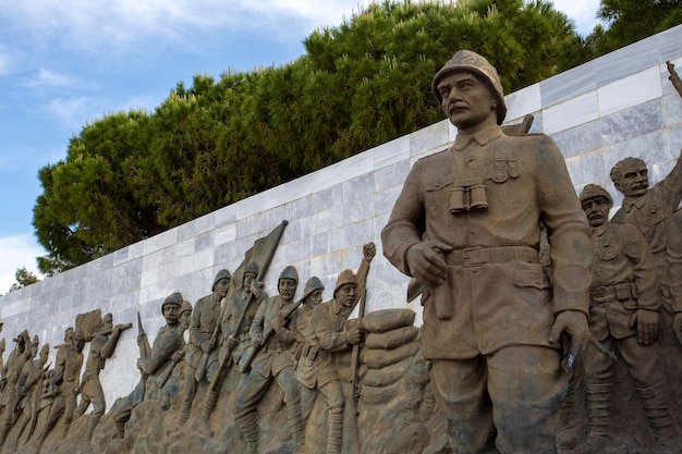 Canakkale, Turkey / May 26, 2019: Mustafa Kemal Ataturk and Turkish Army Statues in The Canakkale Martyrs Memorial.