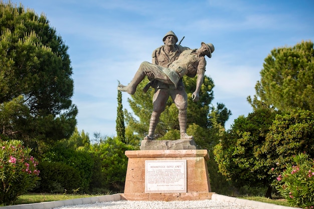 Canakkale / Turkije, 26 mei 2019 / Monument van een Turkse soldaat die gewonde Anzac-soldaat draagt bij Canakkale (Dardanelles) Martyrs' Memorial, Turkije.