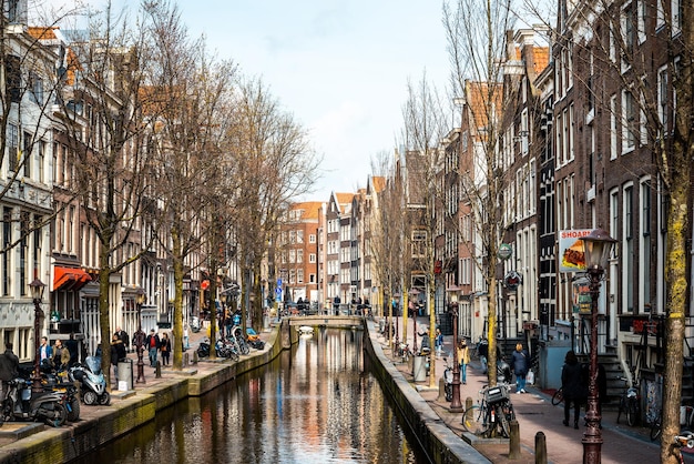 Photo canal amidst bare trees in city