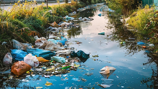 Photo a canal clogged with plastic bags and rubbish reflecting the consequences of improper waste disposal practices on water quality and aquatic life