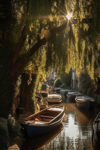 canal in netherlands with boats and trees Generative AI