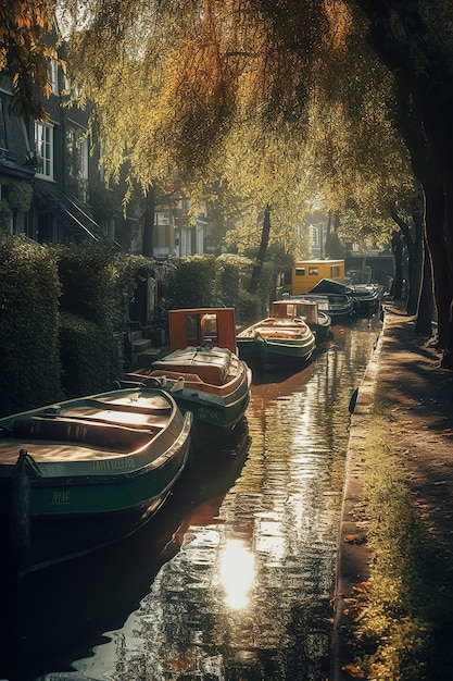オランダの運河とボートと木々 生成 AI