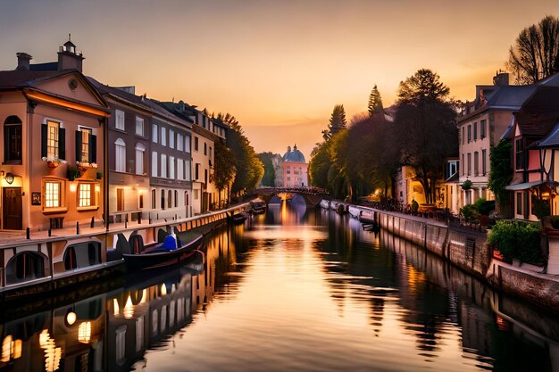 A canal at sunset with a boat on the water