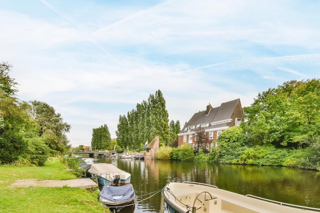 Canal surrounded on both sides by a lawn