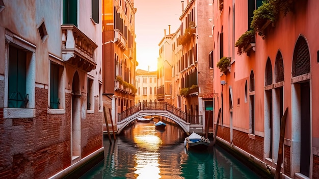 A canal in venice with a boat in the water