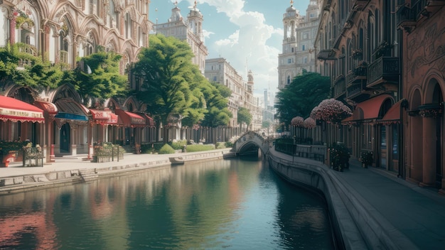 A canal in venice with a bridge and a building in the background.