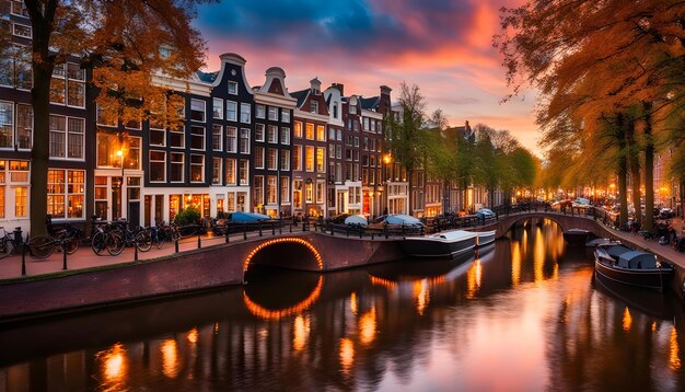 a canal with boats and a bridge with a sunset in the background