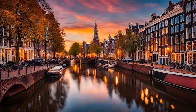 Photo a canal with boats and a sunset in the background