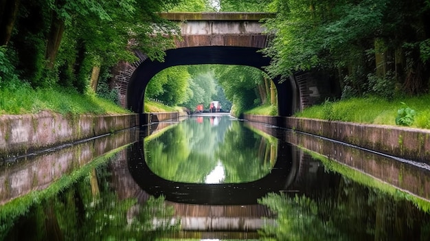 A canal with a bridge in the background