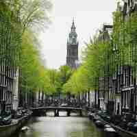 Photo a canal with a clock tower in the background