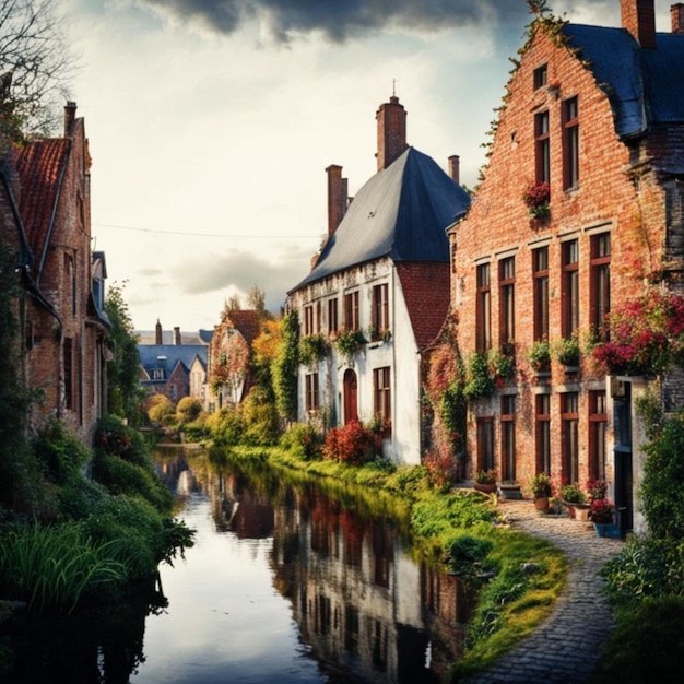 a canal with houses and a sky with clouds in it