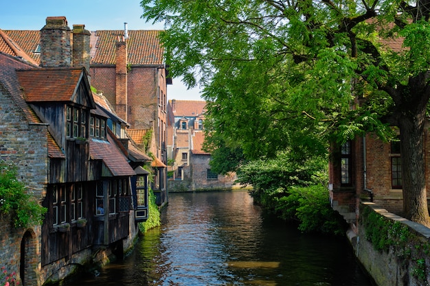 Canal with old houses in Bruge, Beligum