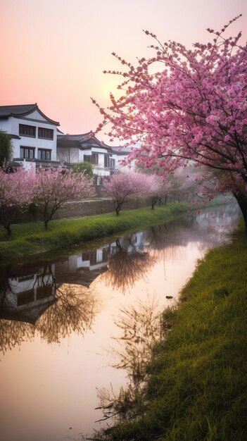 A canal with pink cherry blossoms in the foreground and a house in the background.