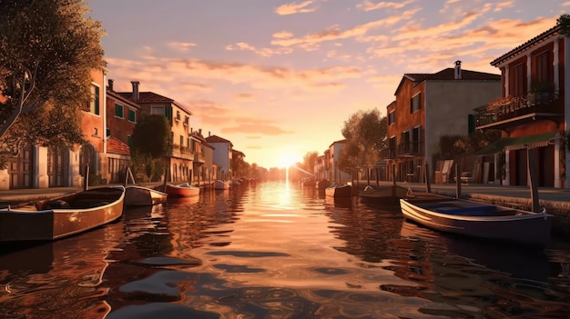 A canal with a sunset in the background