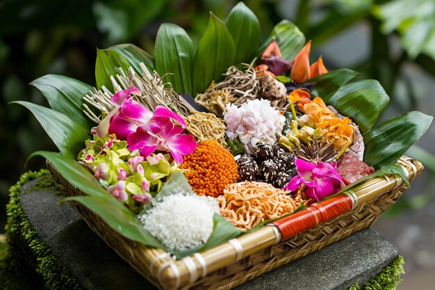 Photo canang sari and flowers for nyepi celebration