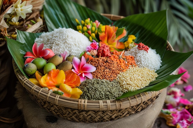 Photo canang sari and flowers for nyepi celebration