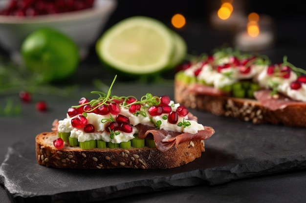 Canape met geroosterde baguette kaas komkommer granaatappel en salami op donkere achtergrond