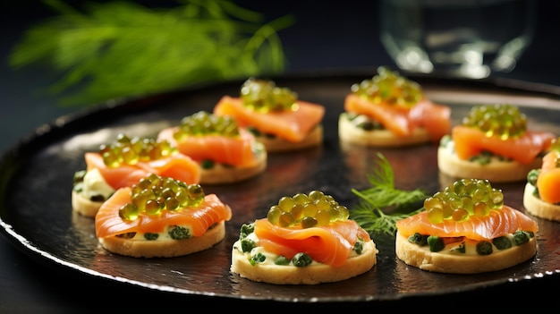 canapes met zalm op een rode plaat