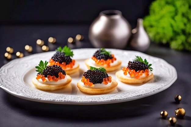 Photo canapes with caviar and cheese on a plate