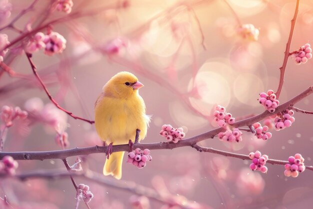 Canary sitting on the branch bokeh background