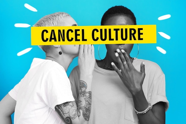 Cancel culture women and text overlay with fake news and gossip for toxic and banned in studio Blue background cross and yellow banner with public shame and people with rumor and secret whisper