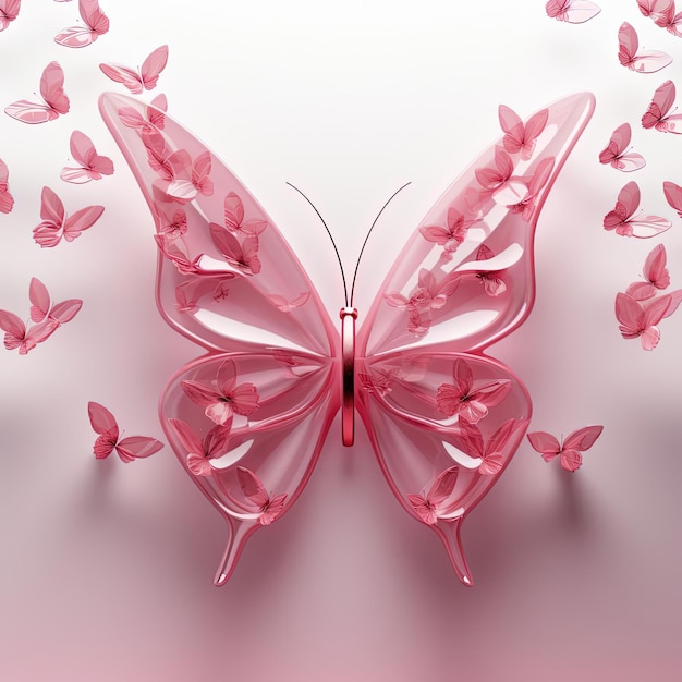 写真 ピンクのリボンと精密主義的な線のスタイルの蝶が付いたがん啓発月間