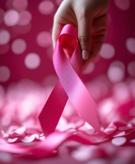 Cancer awareness ribbon pink color background concept Ribbon in the hand