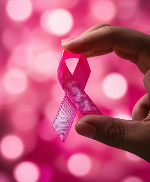 Фото Лента осведомленности о раке розовый цвет фоновой концепции лента в руке