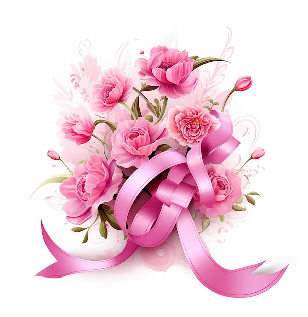 cancer awareness ribbon with pink flowers