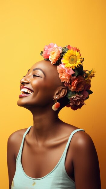 Cancer bald African woman smiling wearing flower crown World Cancer Day