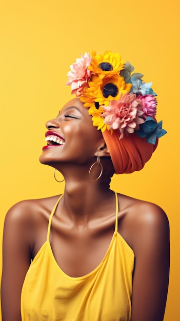 世界がんデーに花の冠をかぶって笑顔を浮かべるアフリカの頭皮の女性
