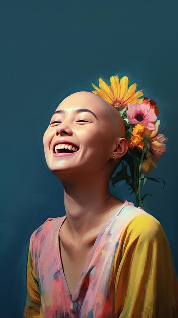 Cancer bald Asian woman smiling wearing flower crown World Cancer Day