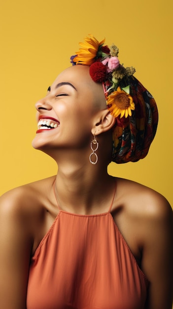 Cancer bald Asian woman smiling wearing flower crown World Cancer Day