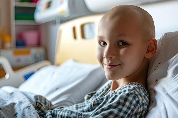 a cancer bald kids in a hospital general view room