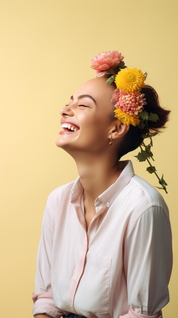 Cancer bald white woman smiling wearing flower crown World Cancer Day