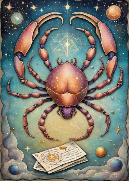 Cancer crab zodiac astral card painted with purple blue orange tones