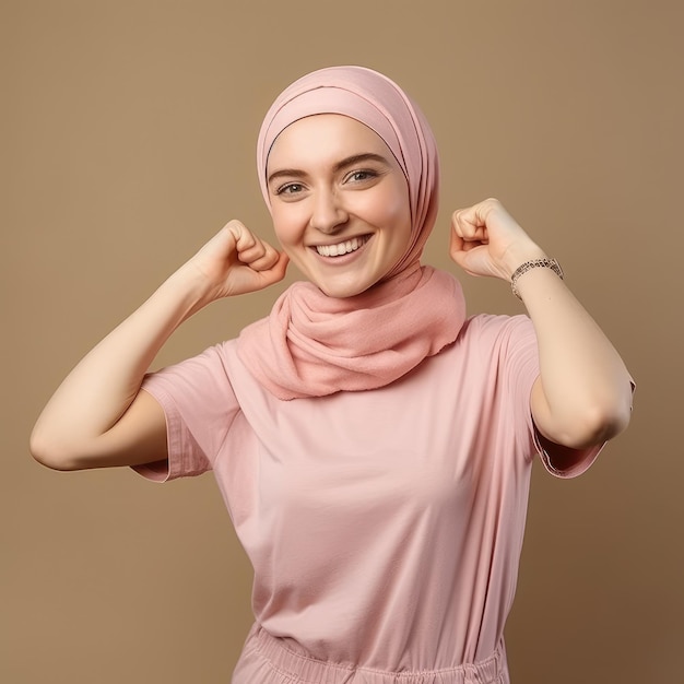 Cancer fighter woman making fists with her hands in the air