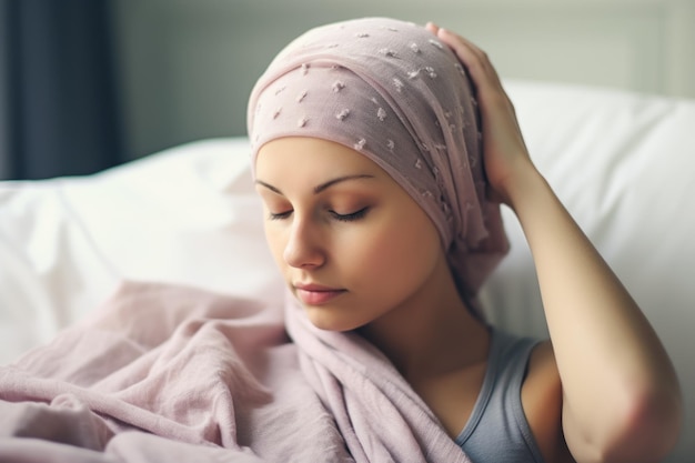 Photo cancer patient resting on bed in hospitalwoman with a headscarf and eyes closed at morning time she