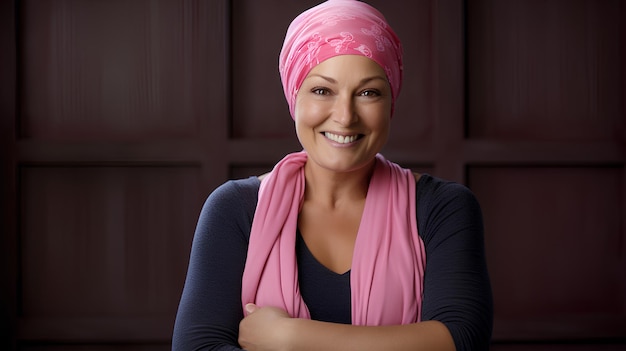 Cancer patient with a pink scarf on her head smiling looking at the camera