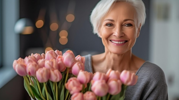 Cancer patient with tulip bouquet grinning and addressing camera Generative AI