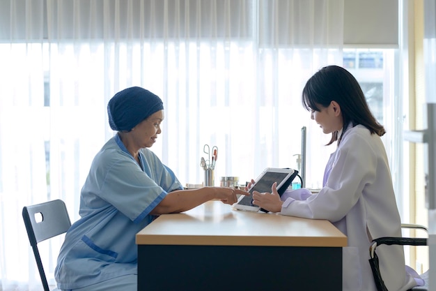 化学療法の相談と訪問後にヘッドスカーフを着用している癌患者の女性