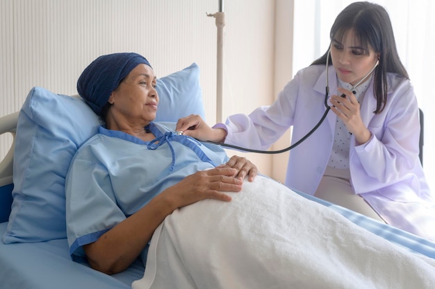 Cancer patient woman wearing head scarf after chemotherapy