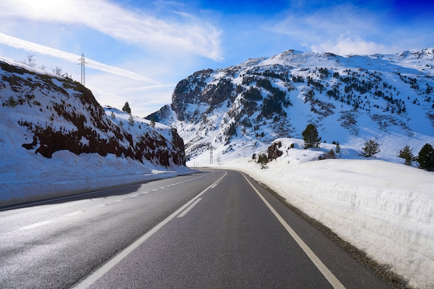 Candanchu snow road in Huesca Pyrenees Spain                           