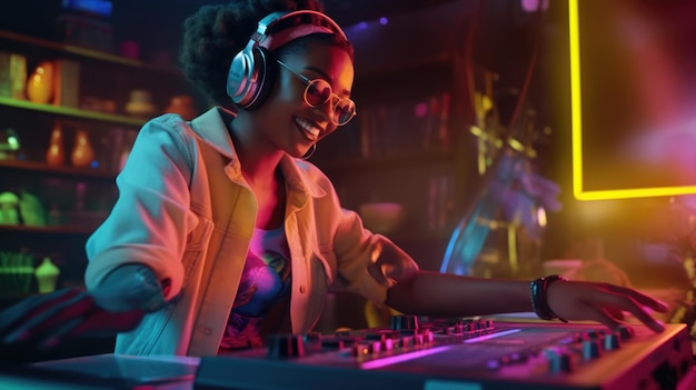 Candid an excited DJ young african woman mixing music at turntables with headphones beautiful Generative AI AIG32