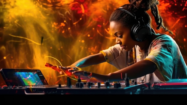 candid an excited DJ young african woman mixing music at turntables with headphones beautiful Generative AI AIG32