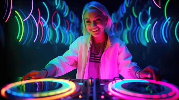 Photo candid an excited dj young scandinavian woman mixing music at turntables with headphones beautiful generative ai aig32