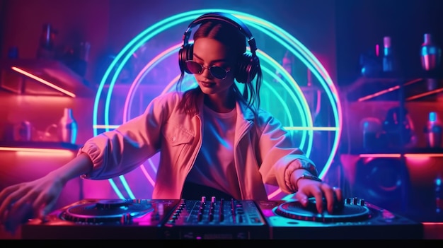 candid an excited DJ young scandinavian woman mixing music at turntables with headphones beautiful Generative AI AIG32